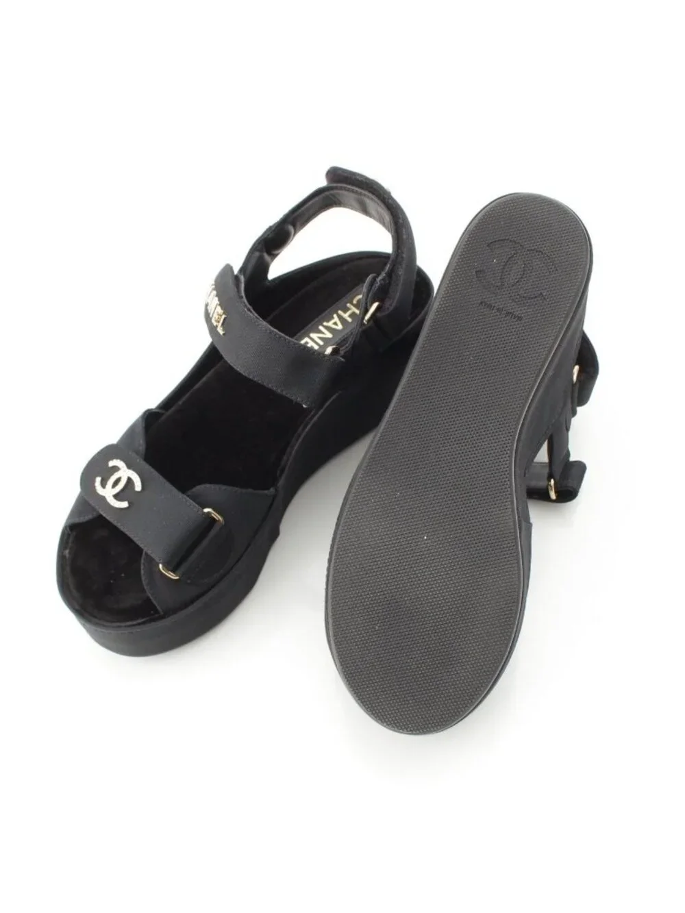 Chanel Rhinestone CC Logo Velcro Sandals Shoes Black 38C
